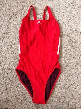 Adidas Red White Stripes One Piece Swim Suit Size 40 EUC- 10 US